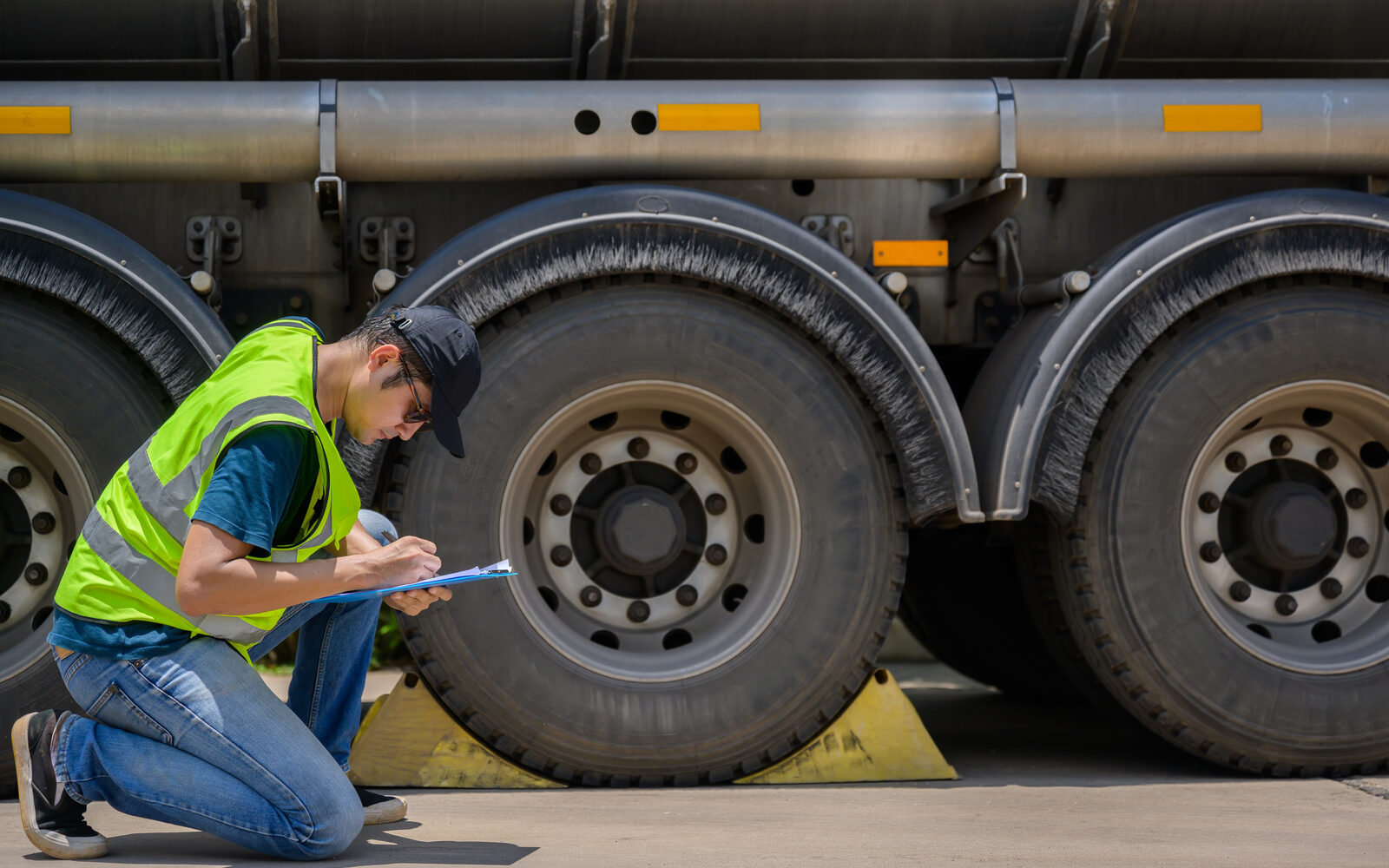 Mechanic checking truck wheels