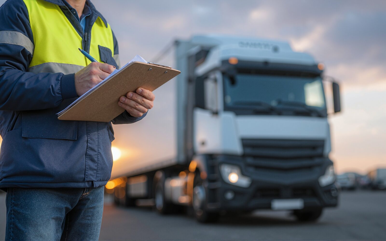 Transport worker checking documents beside a truck