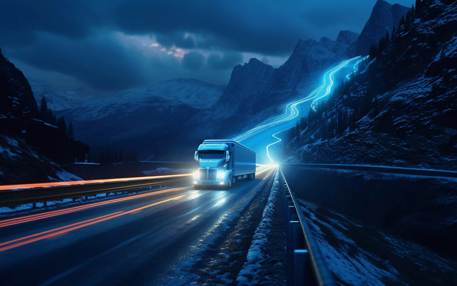 Long distance freight vehicle on a mountain road