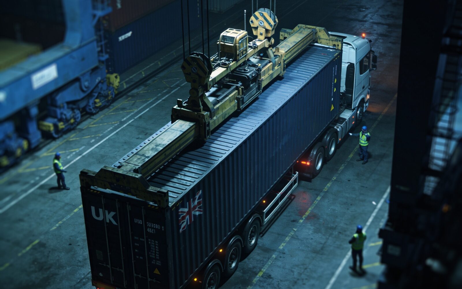 Top-down view of freight vehicles and containers